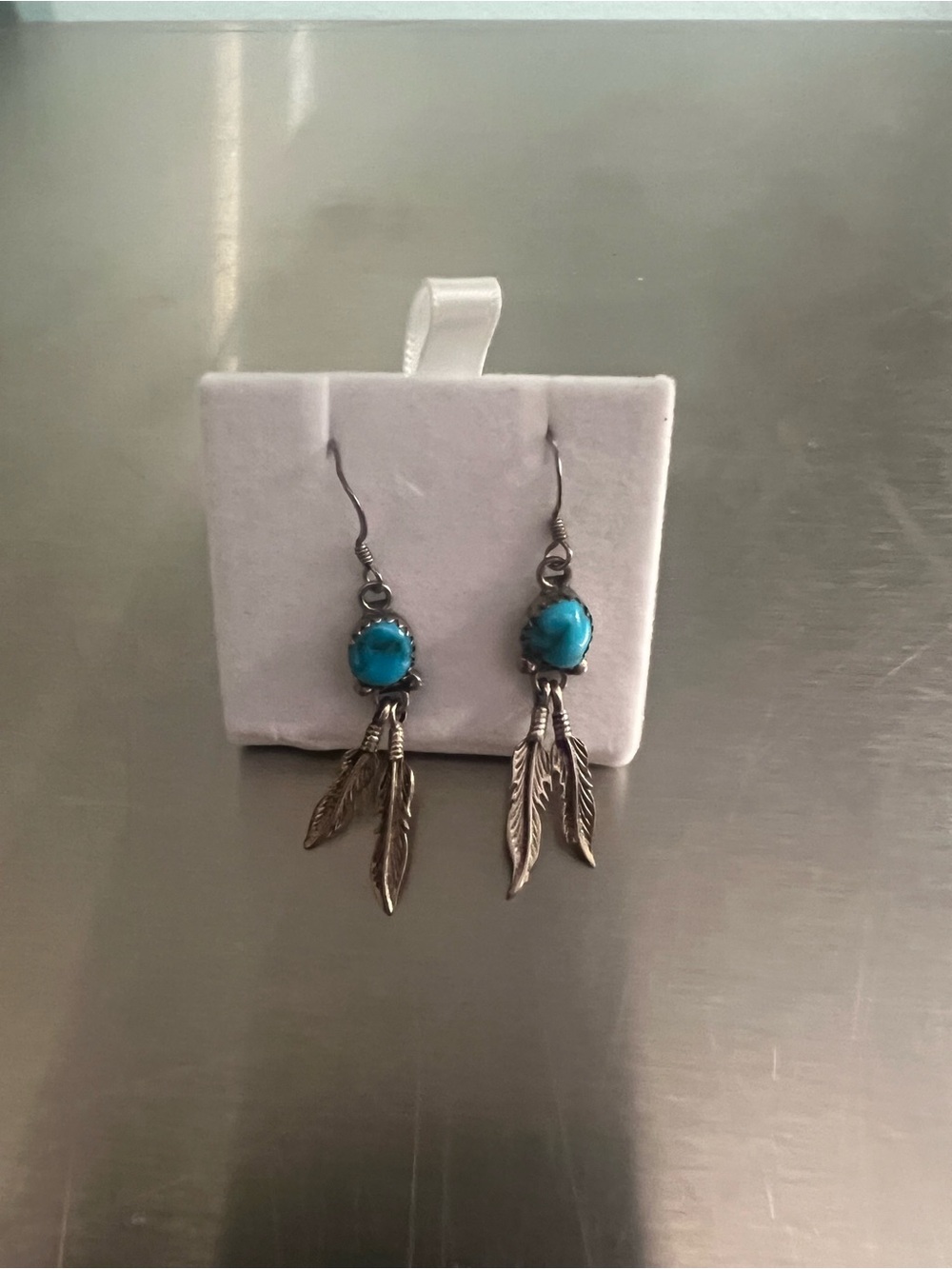 Turquoise Feather Sterling Silver Earrings - Southwestern Native Stone Dangle